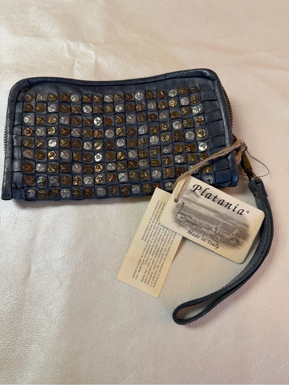 Platania Navy Studded Leather Wristlet Clutch